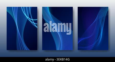 Abstract blue wave posters with flowing digital curvy lines on gradient background. Modern vector tech design for business presentations, corporate banners, futuristic flyer templates, brochure cover Stock Vector