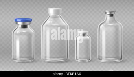 Medical glass bottle set isolated on transparent background. Vector realistic illustration of 3d medicine container mockup with plastic cap for pharmaceutical product, healthcare packaging design Stock Vector