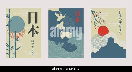 Traditional Japanese vintage poster set with wave pattern and floral decoration. Vector realistic illustration of East Asian banner template with sun, bamboo, sakura and koi fish silhouette designs Stock Vector