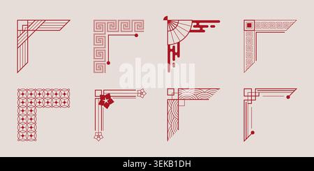 Traditional Chinese frame corners, japanese vintage border elements with decorative fan, flower pattern, vector set isolated on background. Red abstract oriental ornament in geometric line art style Stock Vector