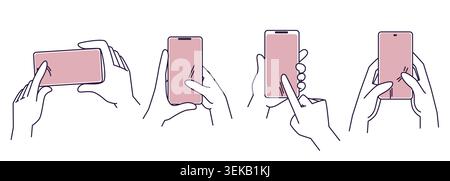 Hand holding smartphone with finger touching screen. Set of vector icons with person tapping and scrolling mobile device screen, simple sketch for app design, digital communication technology symbol Stock Vector