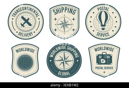 Worldwide shipping and postal service icons set. Vector realistic illustration of y2k style stickers with geometric globe, plane, suitcase and hot air balloon designs, retro earth logo patches Stock Vector