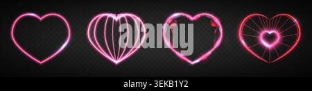 Realistic set of pink neon hearts glowing isolated on transparent background. Vector illustration of led light frames for Valentine Day banner, retro futuristic game design element, tech love sign Stock Vector