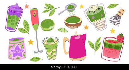Matcha drink icons isolated on white background. Vector doodle illustration of hand drawn green leaves, powder, iced bluberry matcha coffee and strawberry latte in glass, kettle, whisk for cafe menu Stock Vector
