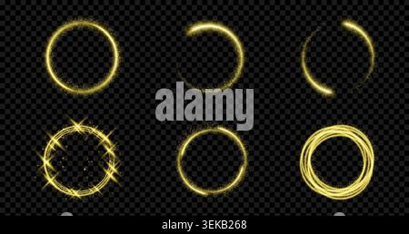 Glowing gold rings with magical sparkles and light trails, abstract vector set on transparent background. Golden neon swirl circles with dust particles, circular frames with flare, shimmering effect Stock Vector