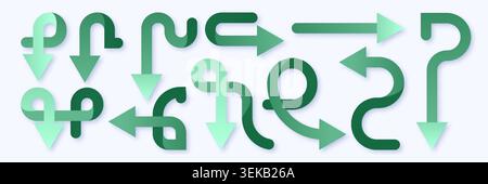 Curved green retro direction arrow set isolated on white background. Vector realistic illustration of playful vintage icons with quirky bends and twists, creative infographic poster design elements Stock Vector