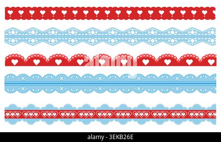 Delicate red blue lace borders with scalloped edges, hearts, floral pattern, realistic vector seamless design isolated on background. Cotton trim frame for vintage scrapbook design, wedding invitation Stock Vector