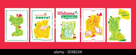 Hand drawn posters with cocktail sketches on white background. Vector illustration of retro bar menu design, glasses with tropical fruits and alcohol drinks, vintage beach party banner design Stock Vector