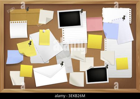 Realistic paper memo notes pinned to cork board. Vector illustration of torn and crumpled sheets, colorful sticky note pages and photo, office or school planner design, blank scrapbook stickers Stock Vector