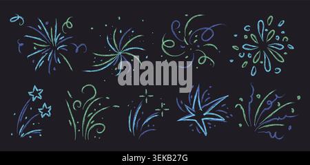 Crayon doodle fireworks set with color bursts and stars. Vector realistic illustration of hand drawn pastel pencil sketch elements for celebration designs, party invitations, festive summer background Stock Vector