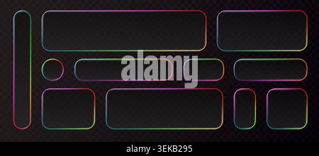 Vibrant neon frames with glowing rainbow border, vector rounded shapes isolated on transparent background. Abstract led signs with color gradient and light effect for digital cyber punk design Stock Vector