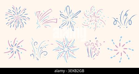 Crayon doodle fireworks set with color bursts and stars. Vector realistic illustration of hand drawn pastel pencil sketch elements for celebration designs, party invitations, festive summer background Stock Vector