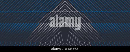 Dark abstract background with grey futuristic arrows and blue halftone lines. Modern striped wide horizontal banner. Vector illustration Stock Vector
