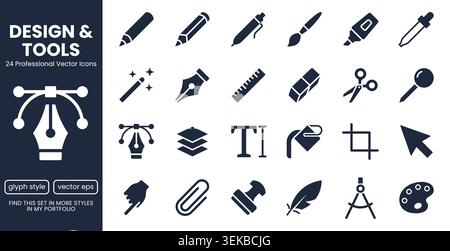 Graphic design, creative drawing tools glyph icons set. Pen, pencil, paintbrush, dropper, stamp, paint bucket flat pictogram vector illustrations Stock Vector