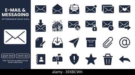 Email, communication glyph icons set. Envelope, inbox, paper plane, mail notification, contact book, attachment, secure message flat pictogram vector Stock Vector