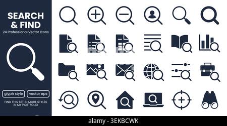Search glyph icons set. Zoom, find document, magnify glass symbol, look tool, binoculars flat pictogram vector illustrations. Black minimalist Stock Vector