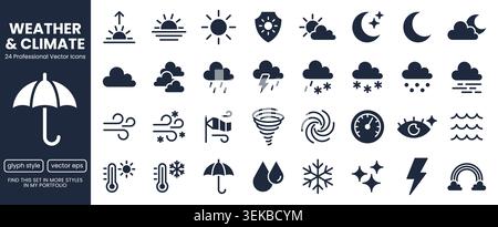 Weather forecast glyph icons set. Sun, rain, thunder storm, wind, snow cloud, moon, UV index flat pictogram vector illustrations. Black minimalist Stock Vector