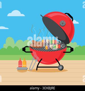 Cartoon flat vector of a kettle barbecue with sausages, skewered vegetables and ketchup and mustard bottles, Summer outdoor cooking element Stock Vector
