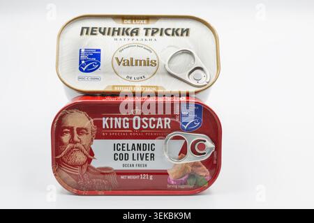 Kyiv, Ukraine - May 17, 2024: Two canned tins of cod liver, including King Oscar Icelandic Cod Liver and Valmis De Luxe natural cod liver, product sho Stock Photo
