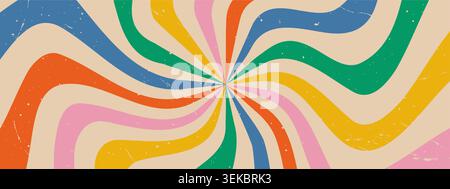 70s psychedelic spiral with sun rays. Starburst swirl poster. Groovy retro background. Vintage carnival design Stock Vector