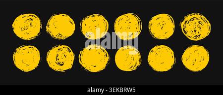 Vintage yellow japanese badge set. Abstract squiggles, rough paint stroke, and distress effect, isolated on dark background. Vibrant ink and chalk Stock Vector