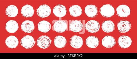 Brush sun rough. Abstract white circle with grunge texture on red background. Vintage japanese badge or sticker illustration Stock Vector