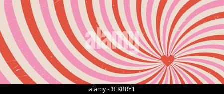 Colorful spiral hypnosis with stripes and Starburst. Groovy 60s background with grunge texture. Love Vector banner with heart Stock Vector