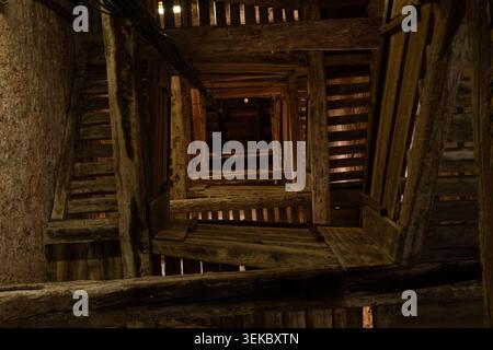 Wooden staircase viewed from below inside Church of St. Euphemia in Rovinj, Croatia. Stock Photo