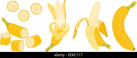 Banana clipart set featuring a whole yellow fruit, vertical half peeled bananas, thick cut chunks, and round slices. Hand drawn trendy flat style. for tropical food packaging, smoothies, recipe design Stock Vector