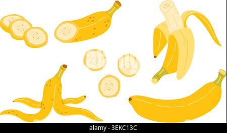 Banana vector clipart set with whole fruit, half peeled banana, sliced chunks, round pieces, and banana peel. Hand drawn trendy flat style illustration pack for tropical food packaging, recipe design Stock Vector