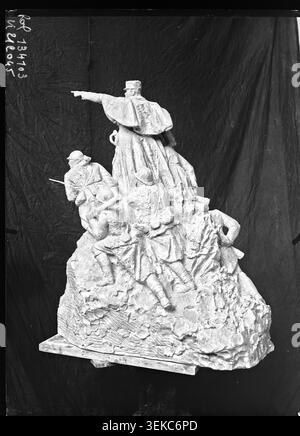A 1928 press photograph records the Monument Mangin maquette by Real del Sarte, honoring Charles Mangin and commemorating World War One in Paris. The model documents artistic and memorial sculpture work during the interwar period. Stock Photo