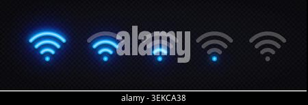 Neon wireless signal icons showing full, medium, weak, and inactive connection levels. Bright glowing indicators for network status and connectivity Stock Vector