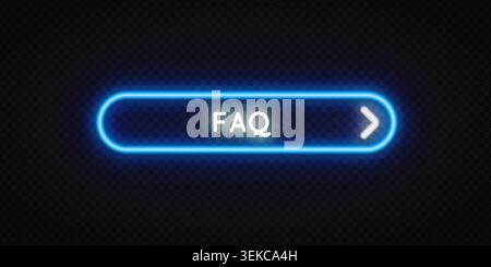 Neon blue glowing FAQ button with arrow on dark transparent background. Clean rounded UI element for help center, website or app navigation design. Stock Vector