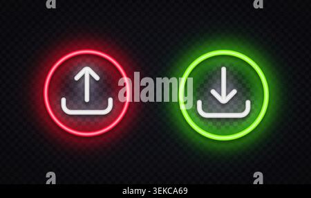 Neon upload and download symbols with red and green glowing circles. Bright transfer icons for file sharing, cloud storage, and data exchange Stock Vector