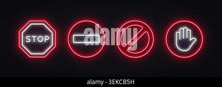 Neon stop and no-entry symbols with octagon, minus sign, prohibition circle, and raised hand. Bright warning icons for restrictions and access control Stock Vector