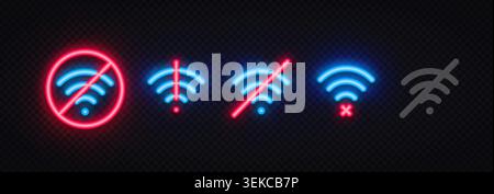 Neon Wi-Fi warning and disconnected symbols with alert, no signal, and crossed-out network icons. Glowing signs for internet connection problems and Stock Vector