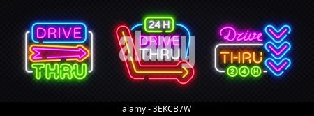 Set of colorful Drive Thru neon signs with arrows and glowing typography. Retro fast food collection for roadside cafe, takeaway service, diner Stock Vector