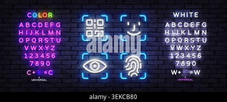 Neon biometric authentication collection featuring QR code scan, face recognition, eye scan, and fingerprint icons, accompanied by editable neon text Stock Vector