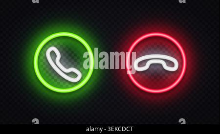 Neon call action icons featuring green answer and red hang-up buttons. Bright glowing symbols for phone interfaces, VoIP apps, and communication Stock Vector
