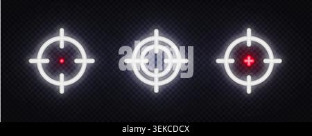 Neon target and crosshair symbols with red center and precision markers. Glowing icons for focus, aiming, tracking, and gaming interfaces. Stock Vector