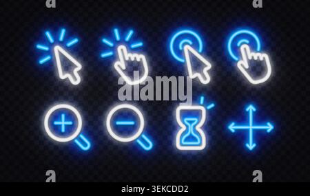 Neon user interface icon collection with cursor click, tap gesture, zoom in, zoom out, loading timer, and move controls. Bright glowing symbols for Stock Vector