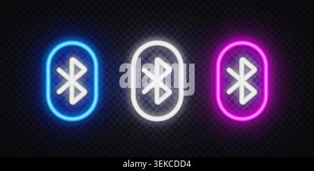 Neon Bluetooth symbols in blue, white, and pink glowing styles. Wireless connectivity icons for mobile devices, headphones, and smart technology Stock Vector