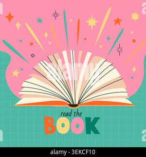 Open book with sparks and stars bursting out of the pages, showing the power of imagination. Dreams from reading the books. Imagination magic world. Relax and enjoy reading concept.Vector Illustration Stock Vector