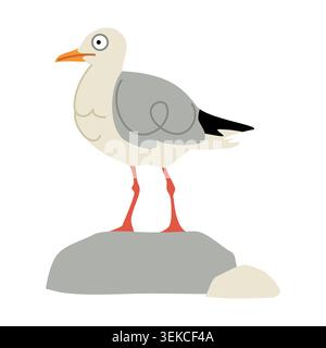 Sea Gull Character on Grey Stone Isolated on White. Nautical Flat Design. Stock Vector
