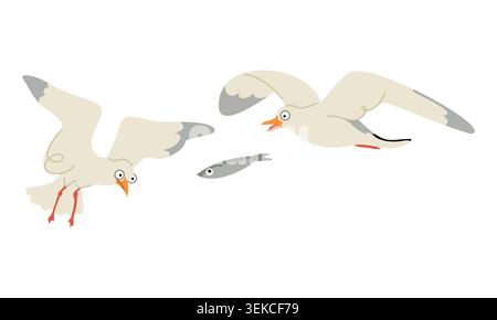 Flying Seagulls Hunting Fish Illustration. Two Marine Birds Chasing a Small Fish Vector Stock Vector