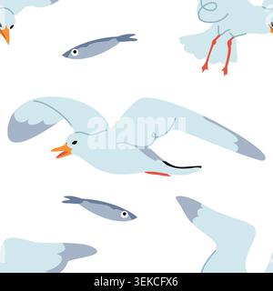 Seamless Pattern with Flying Seagulls and Small Fish on White Background. Marine Vector Illustration Stock Vector