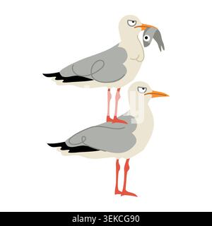 Funny Seagulls Illustration: One Bird Standing on Another. Sea Bird with Fish in Beak. Stock Vector