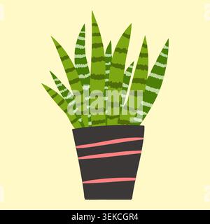 Minimal flat illustration of a striped snake plant in a decorative pot. Modern houseplant design with simple geometric shapes and soft colors Stock Vector