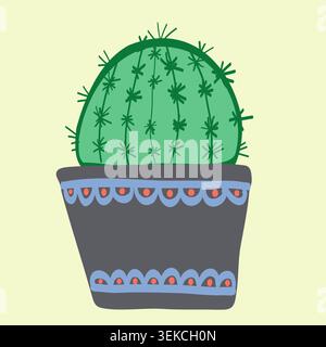 Simple hand drawn cactus in a decorative flowerpot. Flat cartoon style botanical artwork isolated on soft background. Stock Vector