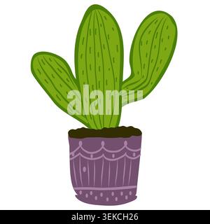 Stylized cactus growing in a decorative flowerpot. Hand drawn botanical illustration with simple flat shapes Stock Vector